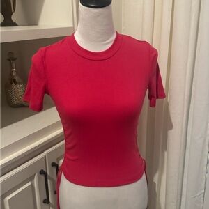 NWT ZARA Hot Pink Short Sleeve Ruched Top ribbed crop top with side ties - S